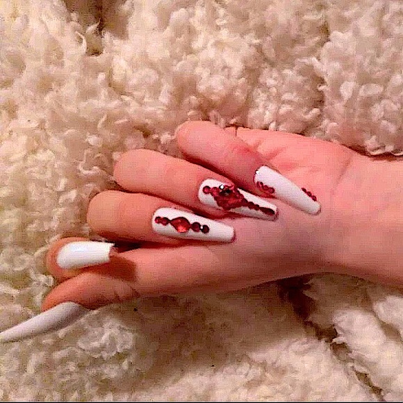 SOLD STUNNING FANCY Red Crystals Design White Press On Nails - Picture 2 of 4